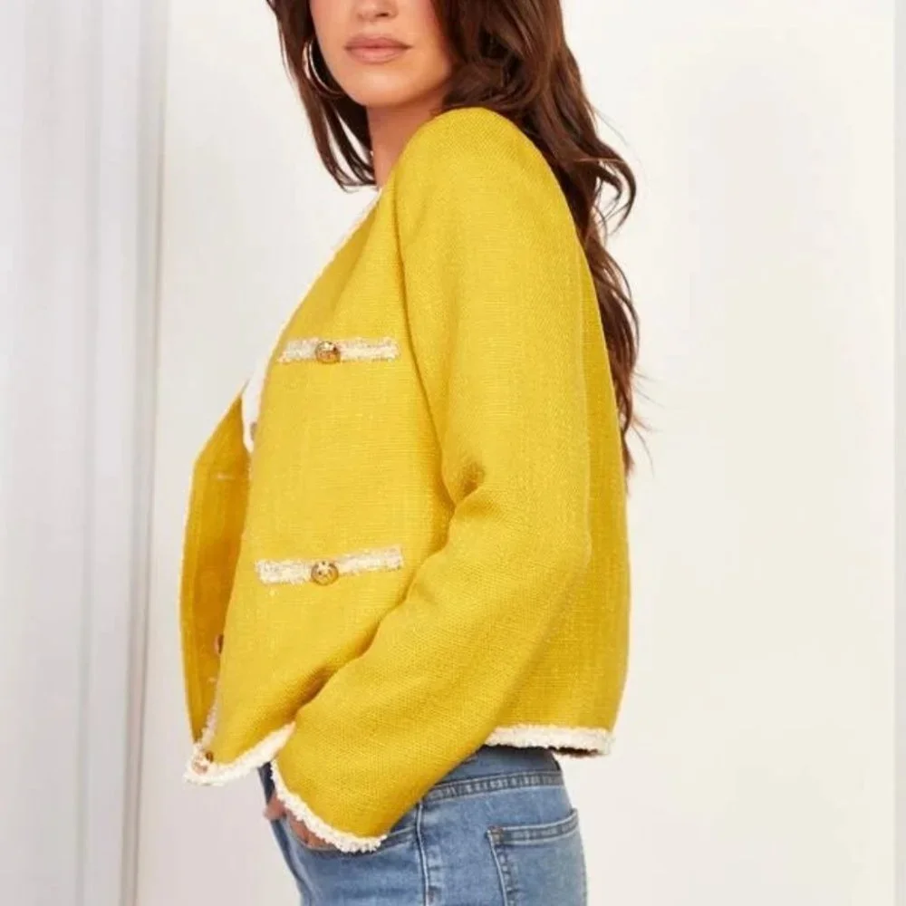 Tweed Raw Trim hem Button Front Jacket work office chic Yellow - Picture 4 of 5